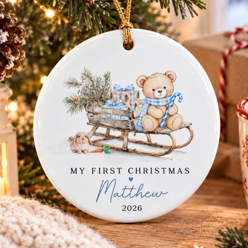 Baby Girl Teddy Sleigh Ceramic Ornament
