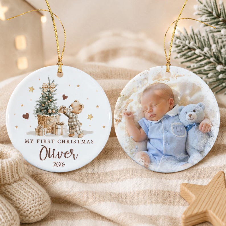 Baby Teddy Bear Name & Photo Ornament