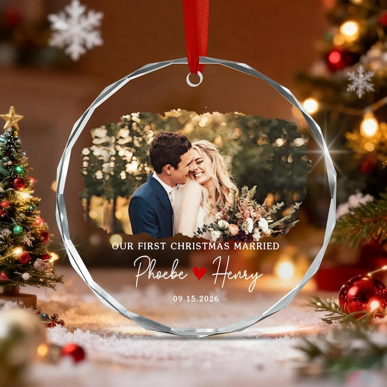 First Christmas Married Wedding Photo Ornament