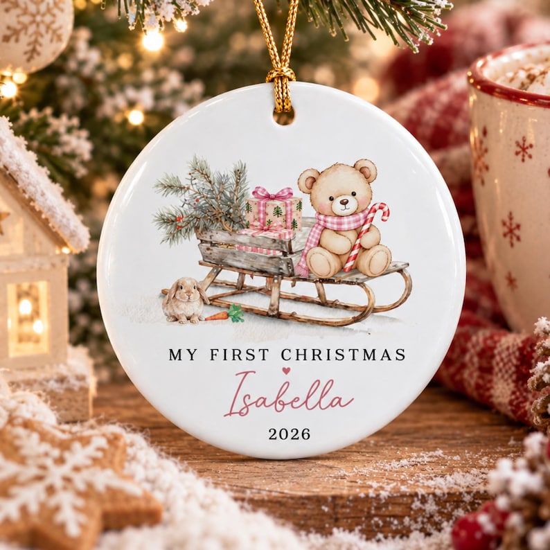 Baby Girl Teddy Sleigh Ceramic Ornament
